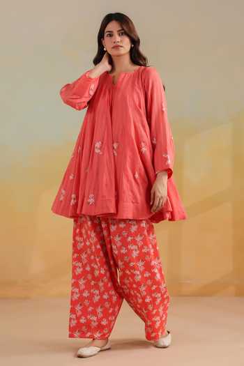 Buy_Anshu Wadhwa_Orange Cotton, Kota Doria Notched Neck Short Kalidar Embroidered Kurta Set _Online_at_Aza_Fashions