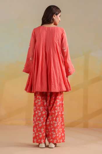 Shop_Anshu Wadhwa_Orange Cotton, Kota Doria Notched Neck Short Kalidar Embroidered Kurta Set _at_Aza_Fashions