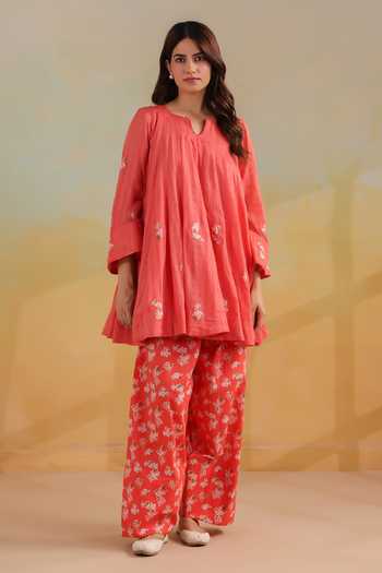 Shop_Anshu Wadhwa_Orange Cotton, Kota Doria Notched Neck Short Kalidar Embroidered Kurta Set _Online_at_Aza_Fashions