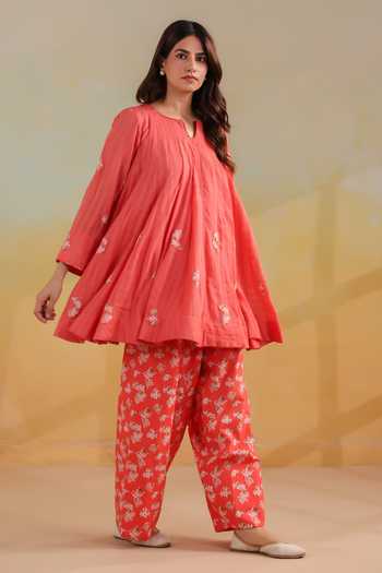 Anshu Wadhwa_Orange Cotton, Kota Doria Notched Neck Short Kalidar Embroidered Kurta Set _at_Aza_Fashions