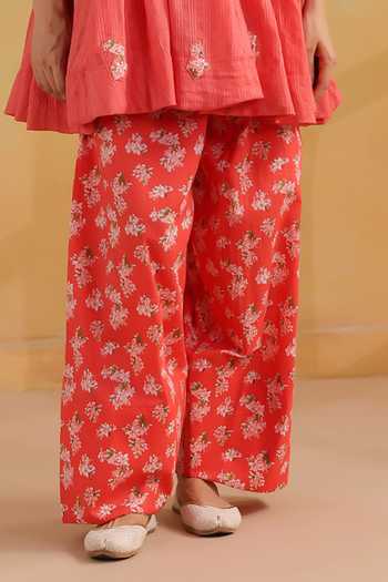 Buy_Anshu Wadhwa_Orange Cotton, Kota Doria Notched Neck Short Kalidar Embroidered Kurta Set 