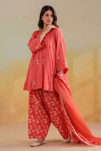 Shop_Anshu Wadhwa_Orange Cotton, Kota Doria Notched Neck Short Kalidar Embroidered Kurta Set 