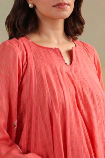 Buy_Anshu Wadhwa_Orange Cotton, Kota Doria Notched Neck Short Kalidar Embroidered Kurta Set _Online