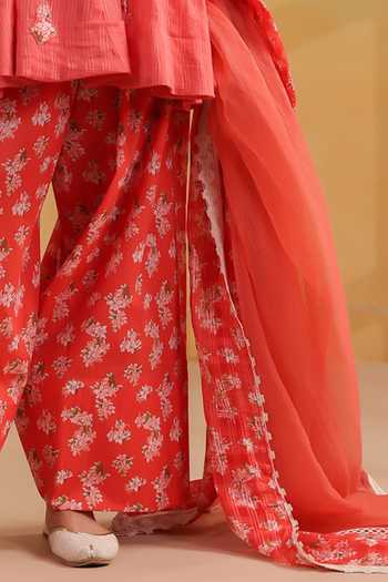 Shop_Anshu Wadhwa_Orange Cotton, Kota Doria Notched Neck Short Kalidar Embroidered Kurta Set _Online