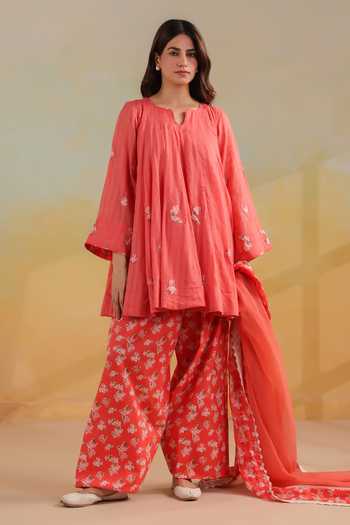 Anshu Wadhwa_Orange Cotton, Kota Doria Notched Neck Short Kalidar Embroidered Kurta Set 