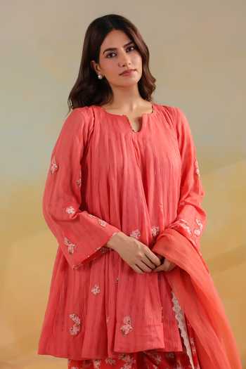 Anshu Wadhwa_Orange Cotton, Kota Doria Notched Neck Short Kalidar Embroidered Kurta Set 