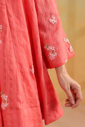 Anshu Wadhwa_Orange Cotton, Kota Doria Notched Neck Short Kalidar Embroidered Kurta Set 