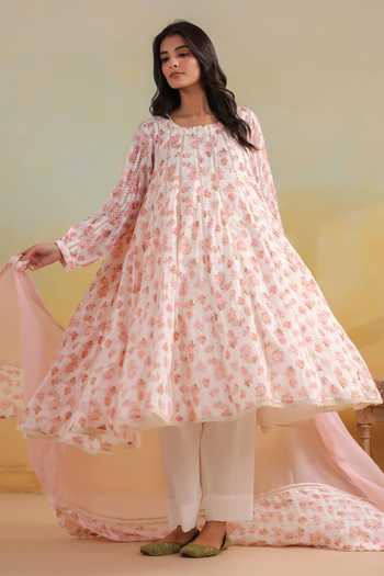 Buy_Anshu Wadhwa_Pink Cotton, Kota Doria Square Neck, Yes Floral Print Kalidar Kurta Set _at_Aza_Fashions