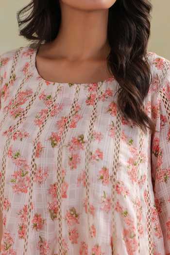 Buy_Anshu Wadhwa_Pink Cotton, Kota Doria Square Neck, Yes Floral Print Kalidar Kurta Set _Online_at_Aza_Fashions
