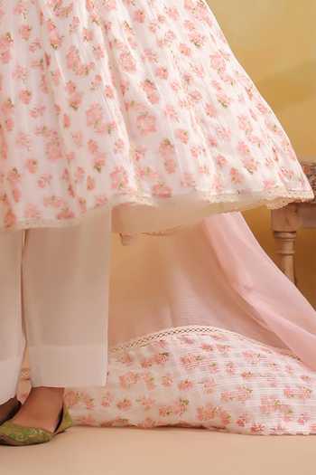Shop_Anshu Wadhwa_Pink Cotton, Kota Doria Square Neck, Yes Floral Print Kalidar Kurta Set _Online_at_Aza_Fashions