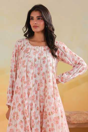 Buy_Anshu Wadhwa_Pink Cotton, Kota Doria Square Neck, Yes Floral Print Kalidar Kurta Set 