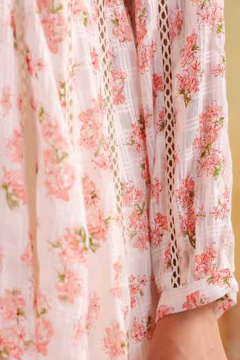 Shop_Anshu Wadhwa_Pink Cotton, Kota Doria Square Neck, Yes Floral Print Kalidar Kurta Set 
