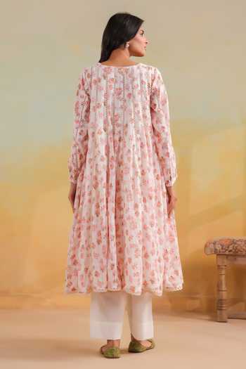 Shop_Anshu Wadhwa_Pink Cotton, Kota Doria Square Neck, Yes Floral Print Kalidar Kurta Set _at_Aza_Fashions