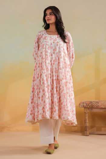 Buy_Anshu Wadhwa_Pink Cotton, Kota Doria Square Neck, Yes Floral Print Kalidar Kurta Set _Online