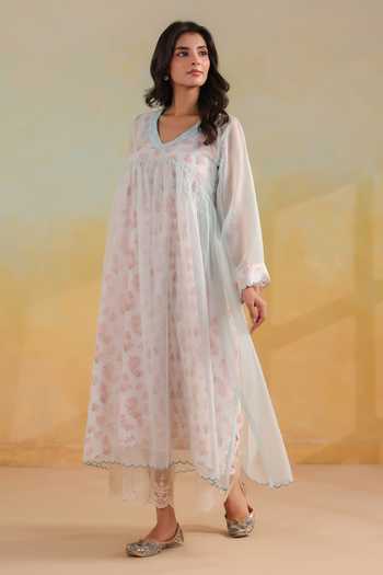 Anshu Wadhwa_Off White Cotton, Kota Doria V-neck Embroidered Flared Kurta And Pant Set _Online_at_Aza_Fashions