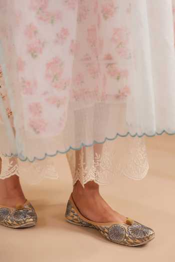 Buy_Anshu Wadhwa_Off White Cotton, Kota Doria V-neck Embroidered Flared Kurta And Pant Set _Online_at_Aza_Fashions