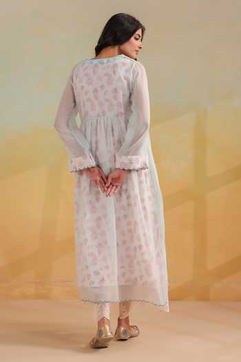 Shop_Anshu Wadhwa_Off White Cotton, Kota Doria V-neck Embroidered Flared Kurta And Pant Set _at_Aza_Fashions
