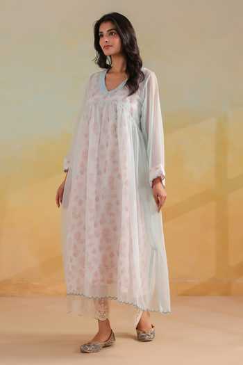 Shop_Anshu Wadhwa_Off White Cotton, Kota Doria V-neck Embroidered Flared Kurta And Pant Set _Online_at_Aza_Fashions