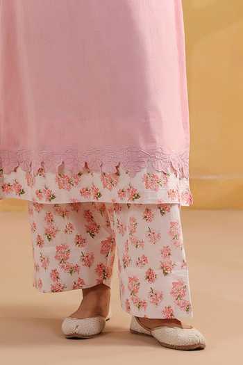 Anshu Wadhwa_Pink Cotton Round Neck Plain Kurta Set With Printed Dupatta _Online_at_Aza_Fashions