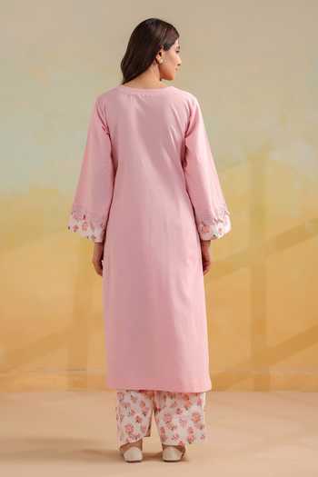 Shop_Anshu Wadhwa_Pink Cotton Round Neck Plain Kurta Set With Printed Dupatta _at_Aza_Fashions