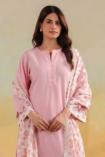 Buy_Anshu Wadhwa_Pink Cotton Round Neck Plain Kurta Set With Printed Dupatta _Online_at_Aza_Fashions