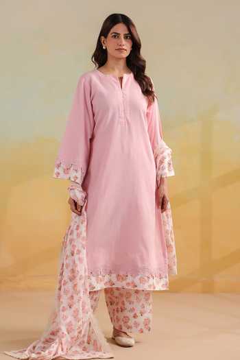 Shop_Anshu Wadhwa_Pink Cotton Round Neck Plain Kurta Set With Printed Dupatta _Online_at_Aza_Fashions