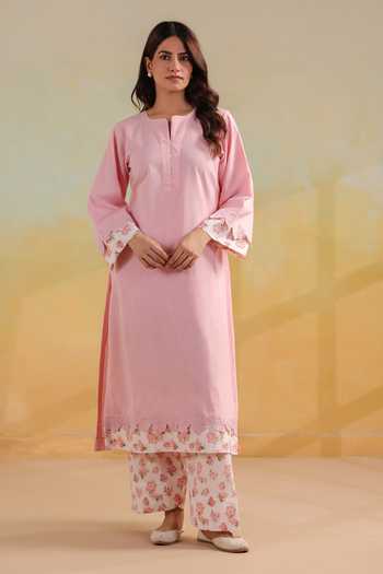 Buy_Anshu Wadhwa_Pink Cotton Round Neck Plain Kurta Set With Printed Dupatta 