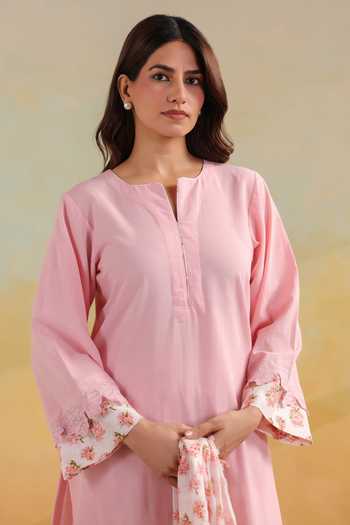 Shop_Anshu Wadhwa_Pink Cotton Round Neck Plain Kurta Set With Printed Dupatta 