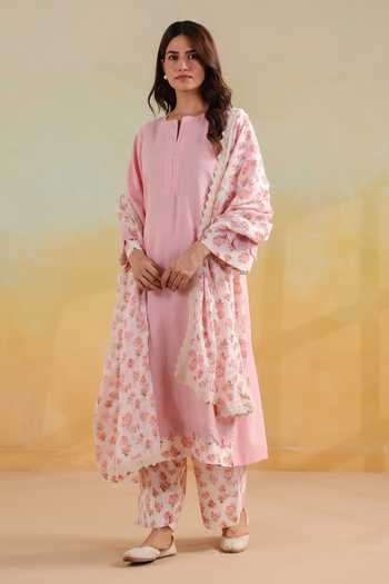 Anshu Wadhwa_Pink Cotton Round Neck Plain Kurta Set With Printed Dupatta _Online