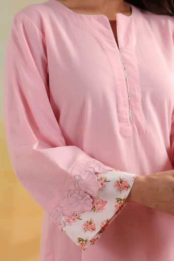 Buy_Anshu Wadhwa_Pink Cotton Round Neck Plain Kurta Set With Printed Dupatta _Online