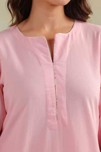 Shop_Anshu Wadhwa_Pink Cotton Round Neck Plain Kurta Set With Printed Dupatta _Online