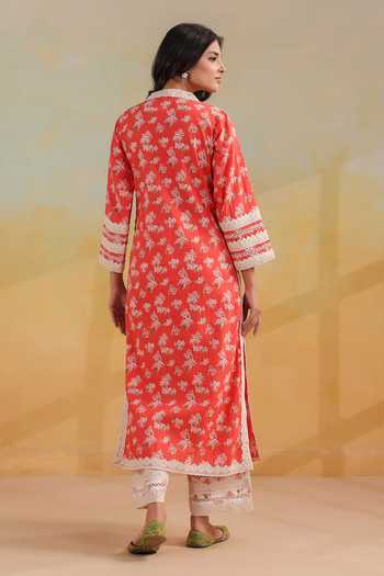Shop_Anshu Wadhwa_Orange Cotton V-neck Floral Print Straight Kurta Set _at_Aza_Fashions