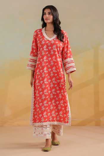 Anshu Wadhwa_Orange Cotton V-neck Floral Print Straight Kurta Set _Online_at_Aza_Fashions