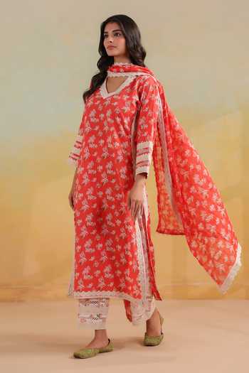Buy_Anshu Wadhwa_Orange Cotton V-neck Floral Print Straight Kurta Set _Online_at_Aza_Fashions