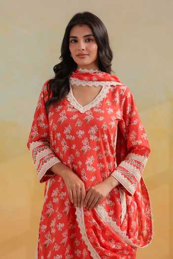 Shop_Anshu Wadhwa_Orange Cotton V-neck Floral Print Straight Kurta Set _Online_at_Aza_Fashions