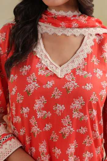 Shop_Anshu Wadhwa_Orange Cotton V-neck Floral Print Straight Kurta Set 