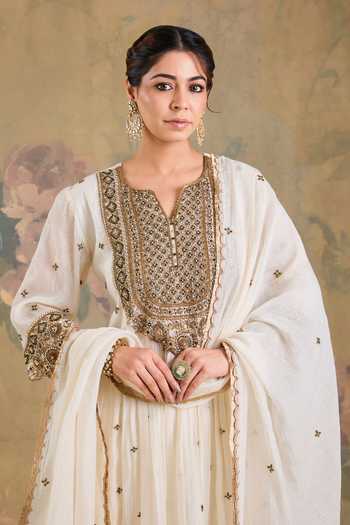 Studio A_Off White Chanderi V-neck Gathered Embroidered Anarkali Set _Online_at_Aza_Fashions
