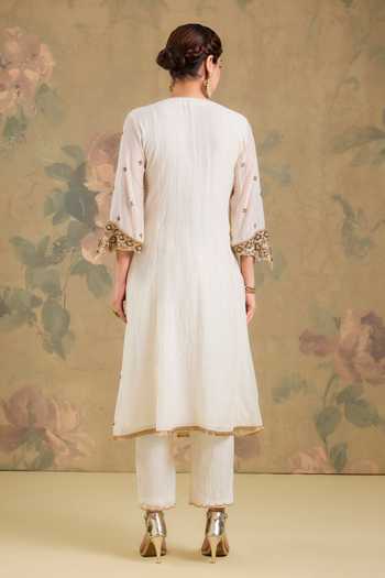 Shop_Studio A_Off White Chanderi V-neck Gathered Embroidered Anarkali Set _at_Aza_Fashions