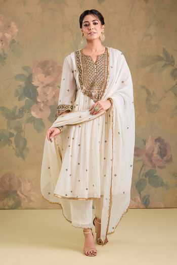 Buy_Studio A_Off White Chanderi V-neck Gathered Embroidered Anarkali Set _at_Aza_Fashions
