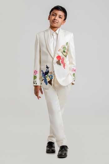 Buy_Lil Angels_White Cotton, Suiting Bird Embroidered Blazer Set _at_Aza_Fashions