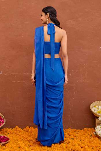 Shop_Taro_Blue Silk, Satin Halter Neck Pariza Pre-draped Saree With Blouse _at_Aza_Fashions