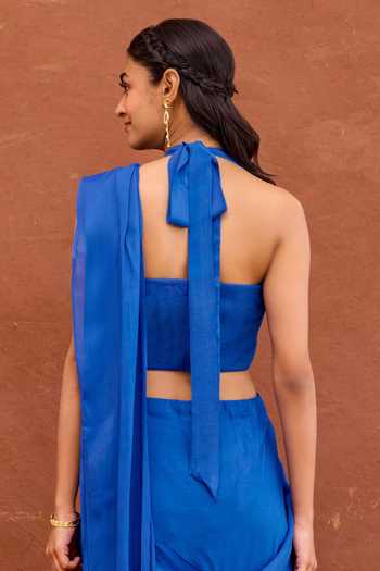 Buy_Taro_Blue Silk, Satin Halter Neck Pariza Pre-draped Saree With Blouse 