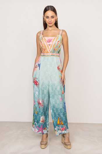 Buy_Ranna Gill_Multi Color Linen, Viscose Square Neck Marina Pleated Strap Jumpsuit 