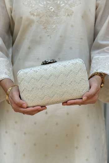 Shop_AMYRA_Off White Mayuri Embroidered Box Clutch _at_Aza_Fashions