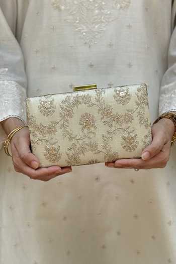 Shop_AMYRA_Beige Bodhi Embroidered Sleek Clutch _at_Aza_Fashions