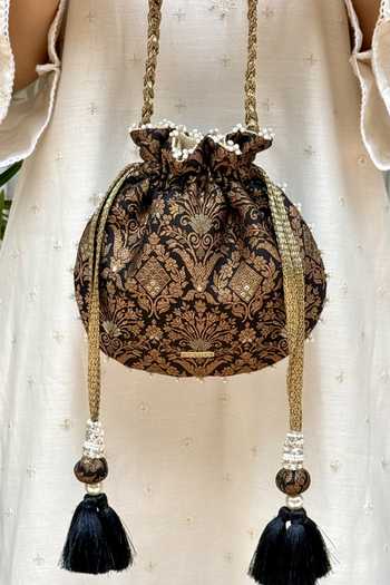 Shop_AMYRA_Black Pearls, Zari, Tassels, Lace, Metallic Thread Anantam Pure Silk Potli _at_Aza_Fashions