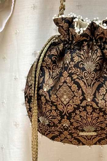 Buy_AMYRA_Black Pearls, Zari, Tassels, Lace, Metallic Thread Anantam Pure Silk Potli _Online_at_Aza_Fashions