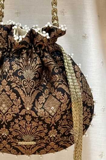Shop_AMYRA_Black Pearls, Zari, Tassels, Lace, Metallic Thread Anantam Pure Silk Potli _Online_at_Aza_Fashions