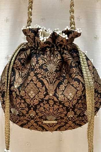 AMYRA_Black Pearls, Zari, Tassels, Lace, Metallic Thread Anantam Pure Silk Potli _at_Aza_Fashions