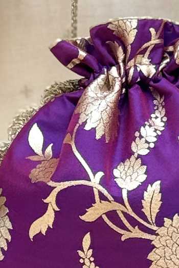 AMYRA_Purple Beads, Pearls, Zari, Tassels, Lace Satrangi Banarasi Woven Potli _Online_at_Aza_Fashions